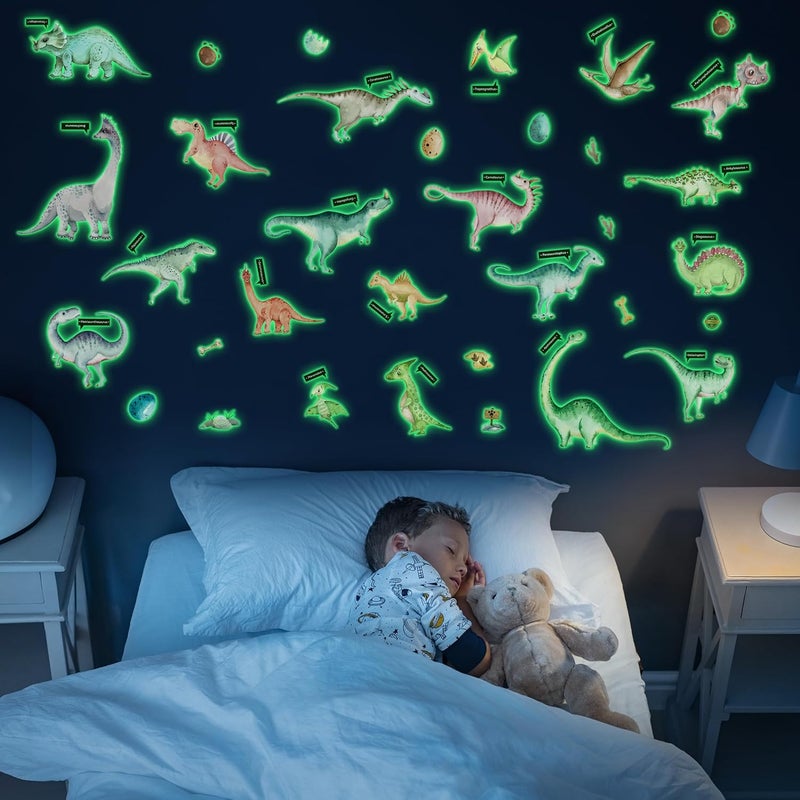 Robmoda Glow in The Dark Dinosaur Wall Decals, Glowing Stickers for Ceiling, Boys Bedroom Decoration, Large Luminous Removable Dinosaur Wall Decor for Nursery, Kids Birthday Gift - Image 2